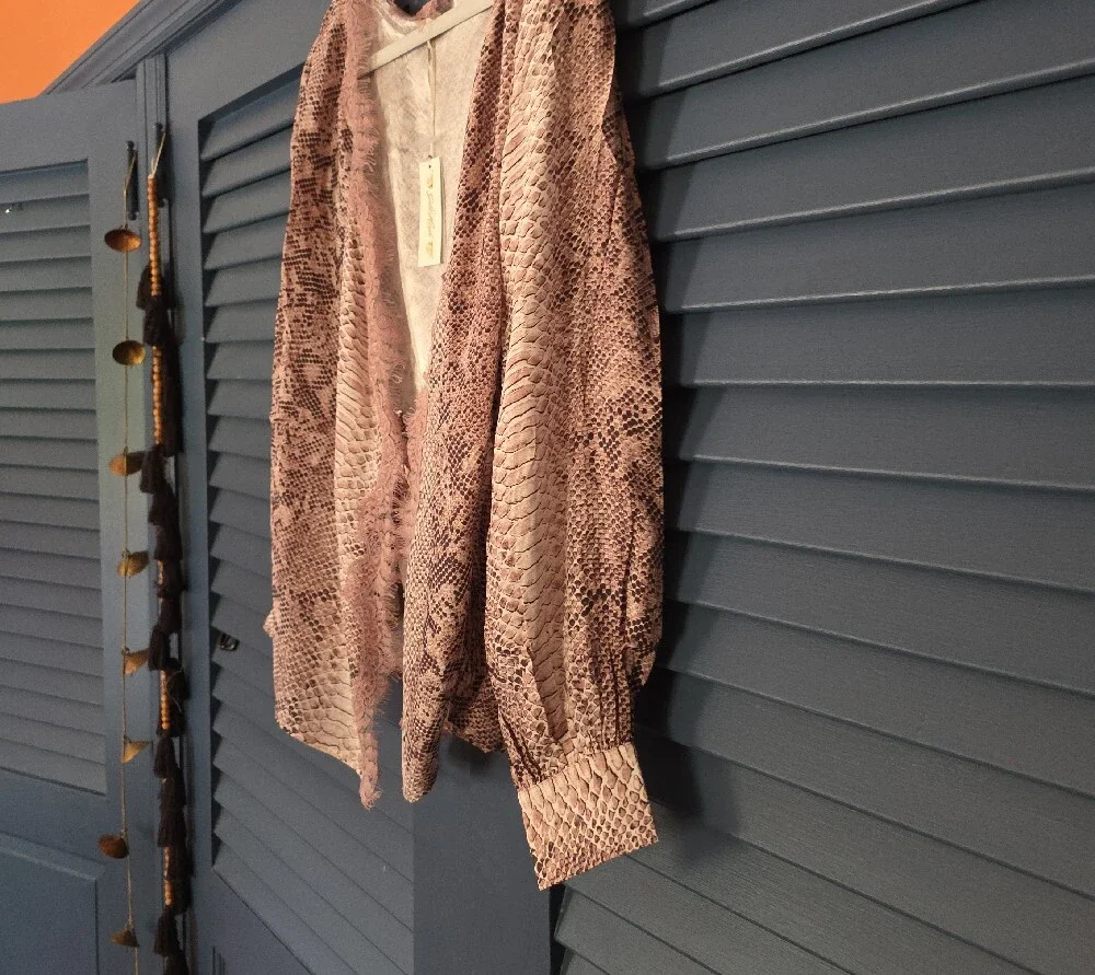 SILK Snake-Print Lace-Trim Open Cardigan in Blush Pink